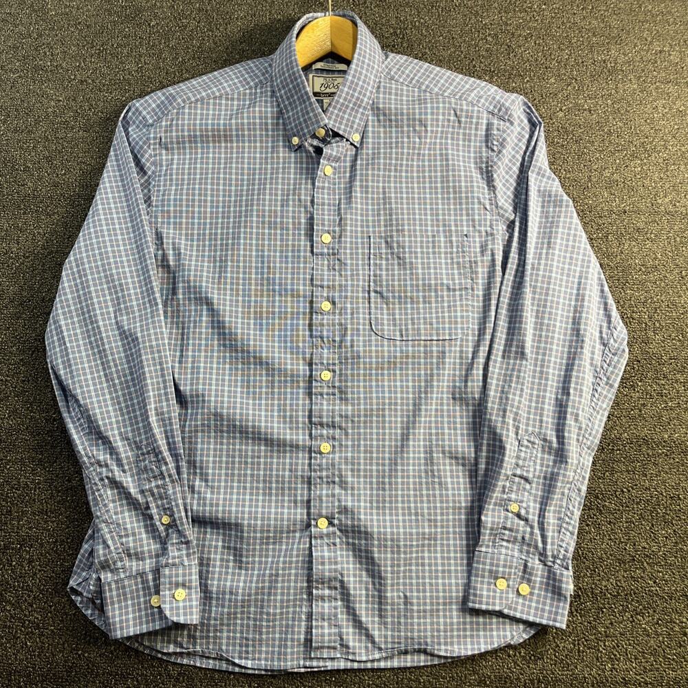Jos A Bank 1905 Men's Navy Blue Check Cotton Burr Shirt L Stretch Tailored Fit‎